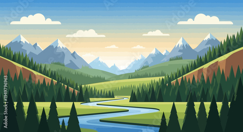 Vibrant Mountain Landscape with Winding River and Forest