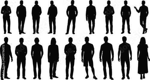 Black human silhouettes in diverse poses, eighteen figures showing posture variation, clothing styles, demographic diversity and artistic community design