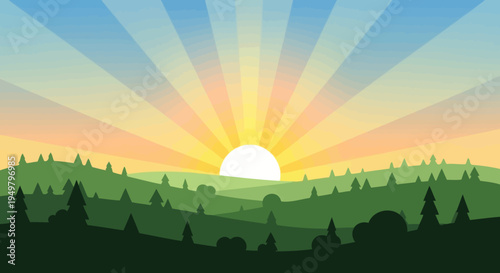 Vibrant Sunrise Over Rolling Hills and Pine Forest, Rays of Light