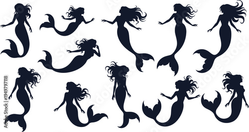 Black mermaid silhouettes in graceful poses, eleven variations showing fantasy aquatic figures, flowing hair, distinct tails and artistic mythical design Black  