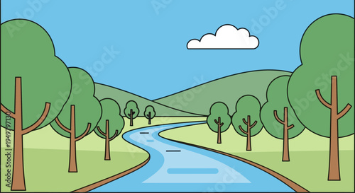 Cartoon River Winding Through Green Forest Landscape, Blue Sky