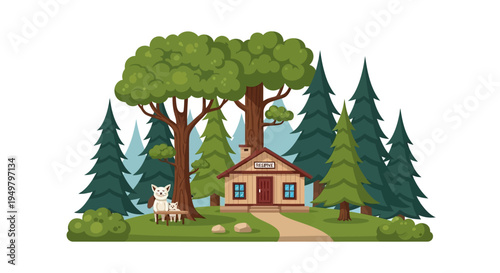Cozy Cabin in Forest with Dog, Nature Landscape Illustration