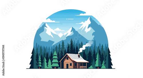 Cozy Log Cabin in Snowy Mountains with Pine Forest - Winter Landscape