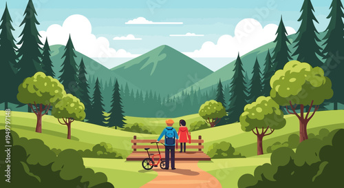 Couple on Park Bench with Bicycle, Enjoying Mountain Landscape View
