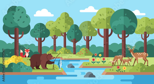 Cute Flat Style Forest Animals Fishing and Grazing by River