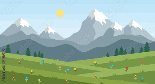 Flat cartoon landscape with mountains, green hills, flowers and sun