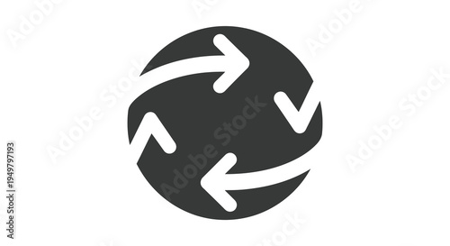 A dark circular shape with curved arrows encircling it creating a global concept silhouette high quality