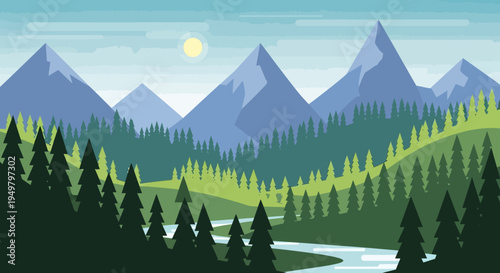 Flat Design Mountain Landscape with River and Forest