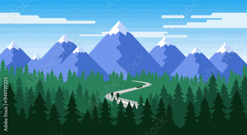 Flat Design Mountain Landscape with Winding Road and Pine Forest