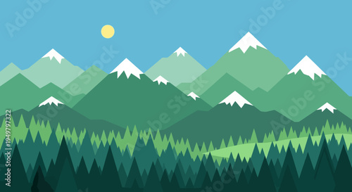 Flat Design Mountain Range with Forest and Sun