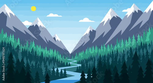Flat Design Mountain Valley Landscape with Winding River and Forest