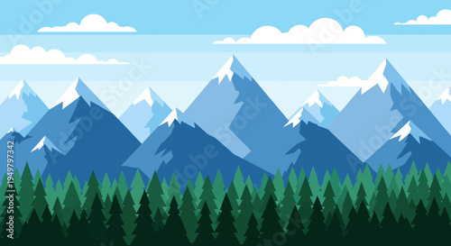 Flat Design Mountain Range Landscape with Pine Forest and Clouds