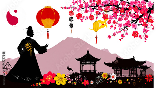 Korean Culture and Traditional Symbols Silhouette Icons Set. Hanbok Dress, Knot Ornaments, and Floral Patterns Graphics