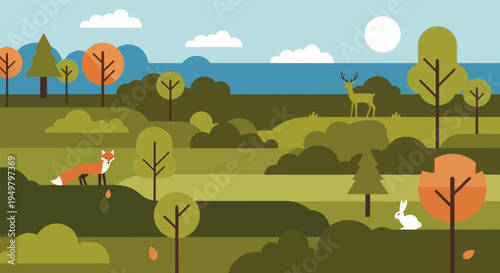 Flat Design Nature Landscape with Fox, Deer, and Rabbit