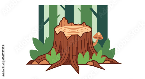 Forest Stump Illustration with Mushroom and Greenery