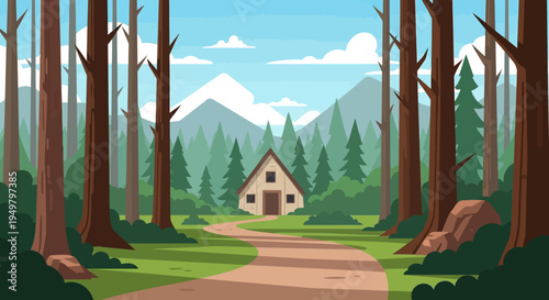 Forest Cabin Landscape: Path to Secluded A-frame House in Pine Forest