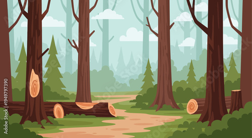Forest Path with Cut Logs and Evergreen Trees