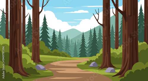 Forest path leading to mountains, cartoon flat illustration