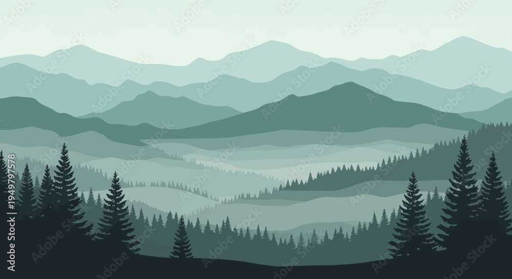 Fototapeta premium Misty Mountain Range Landscape with Evergreen Forest