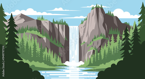 Majestic Waterfall Cascading Down Rocky Cliffs in Lush Green Forest