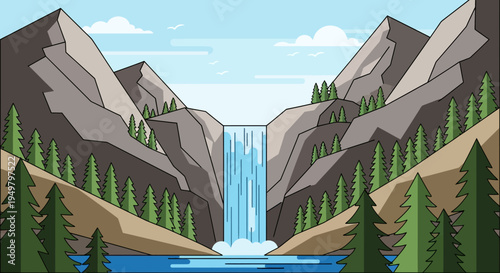 Majestic Waterfall in Mountain Valley, Nature Landscape Illustration