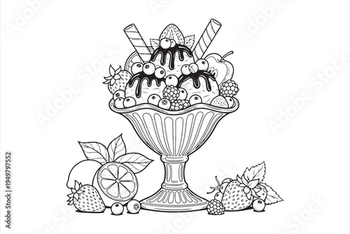 Illustration of a decadent dessert sundae with fresh fruits