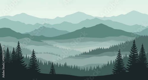 Misty Mountain Range Landscape with Evergreen Forest