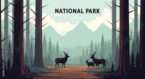 National Park Deer Family in Forest Landscape with Mountains