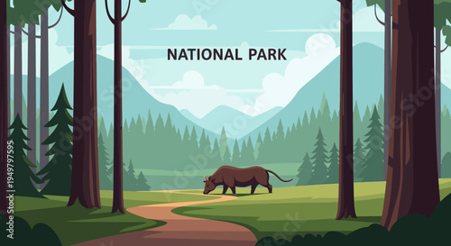 National Park Landscape with Rhino Walking on Path