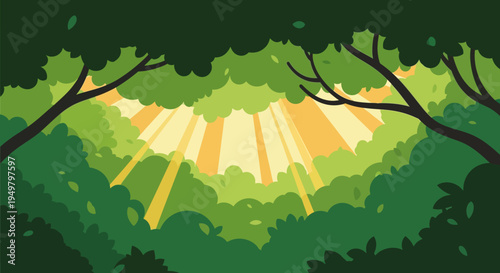 Peaceful Forest Canopy Sunlight Rays Nature Landscape Illustration