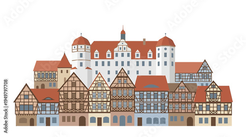 Illustration of a historic town with old buildings and castle in Europe
