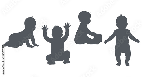 Four young children in various poses depicted as a striking black graphic silhouette high quality professional