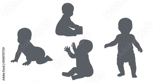 Four black silhouettes depict babies in various stages of development and activity silhouette high quality professional