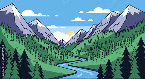 Pixel Art Mountain Valley with River and Forest, Sunny Day