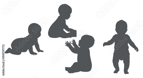 Four babies in various poses are depicted in a striking black silhouette high quality professional detailed