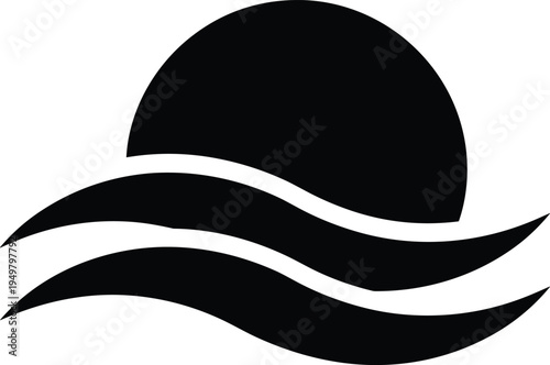 Sun waves ocean silhouette vector illustration design graphic, sunrise sunset beach tourism art concept, black and white decorative creative collection
