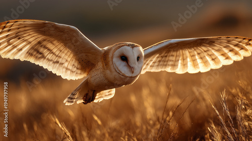 Barn Owl Flying over Golden Field, Wild Bird of Prey in Flight Nature Wildlife Photography