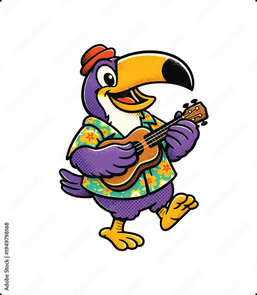 Fototapeta premium Funny Retro Toucan Bird Playing Ukulele Tropical T-shirt Design Illustration