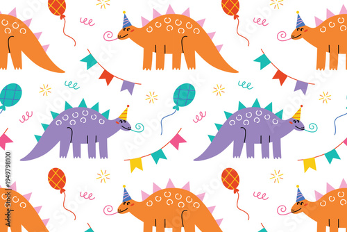 Funny birthday stegosaurus seamless pattern with party hats, balloons, garlands and whistles. Cheerful cartoon dinosaurs for kids, celebration wrapping paper and greeting card vector illustration
