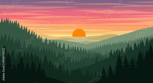 Pixel Art Sunset Over Forested Mountain Range