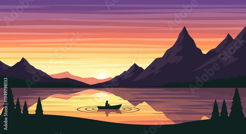 Pixel Art Sunset Over Lake with Lone Person in Boat