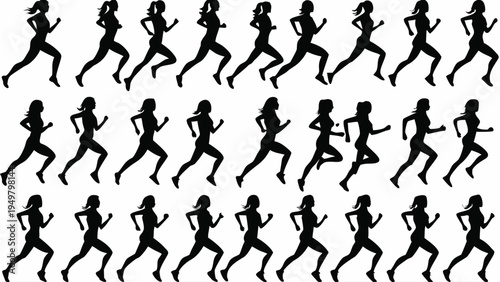 A set of black silhouettes of women running in various poses on a white background silhouette