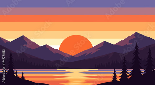 Pixel Art Sunset Over Mountain Lake Landscape with Pine Trees