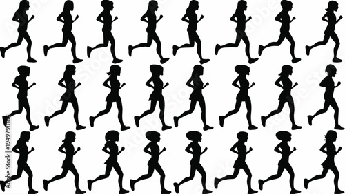 A seamless pattern of black silhouettes of women running in a vector graphic design