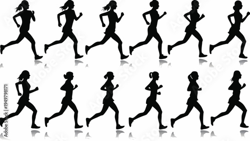 A set of black silhouettes of women running in different poses on a white background