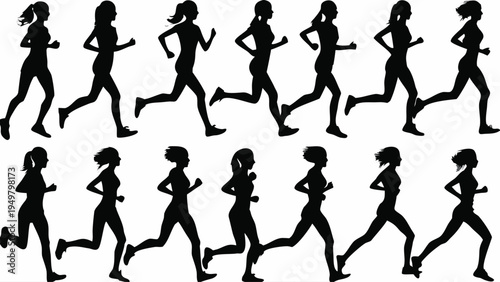 A set of black silhouettes of women running in different poses on a white background