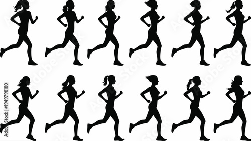 A set of black silhouette illustrations of women running in various poses on a white background