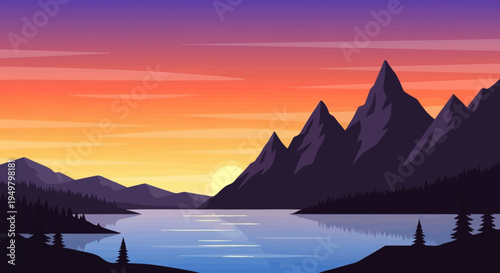Pixel Art Sunset Over Mountain Lake Landscape