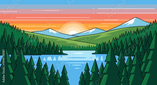 Pixel Art Sunset Over Serene Lake and Pine Forest Landscape