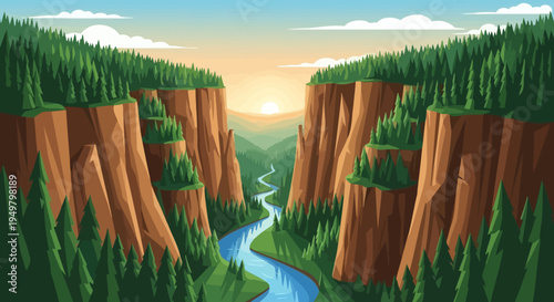Scenic Canyon Landscape with River and Forest at Sunrise